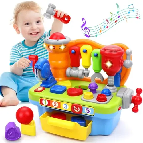 ORWINE toddler tool bench toy with tools, shape sorter, and lights