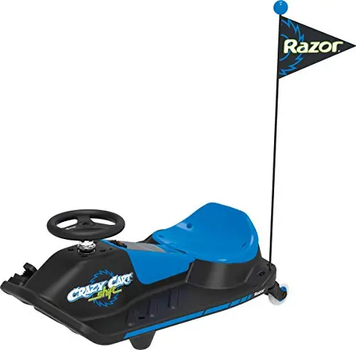 Razor Crazy Cart Shift electric go kart in black and blue, showing its drift wheels and compact design.