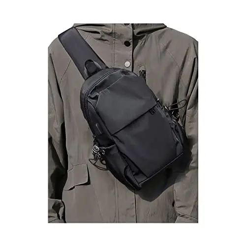 SEAFEW black nylon sling bag with USB port on strap