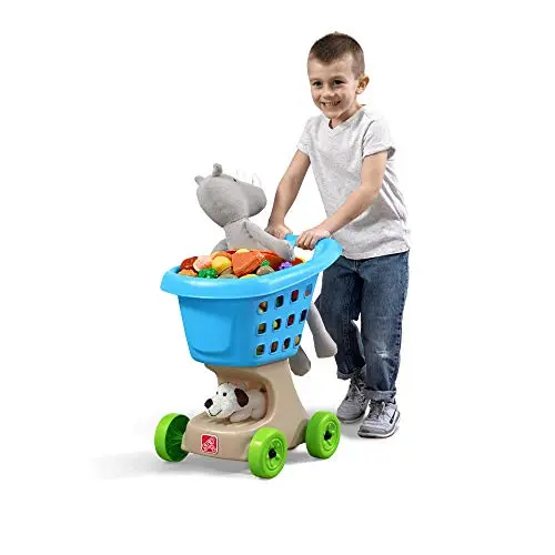 Step2 blue plastic toy shopping cart with a large basket and easy-grip handle.