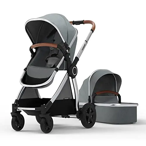 Mompush Ultimate 2 reversible seat stroller with all-wheel suspension on grey fabric