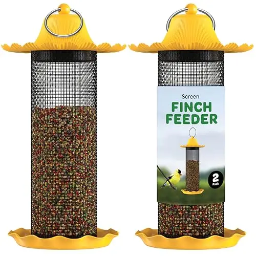 Sewanta set of two yellow metal mesh finch feeders with sunflower roof