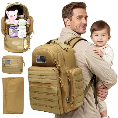 DBTAC brown tactical diaper backpack with a USA flag patch and multiple compartments.