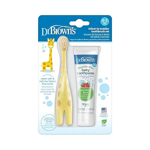 Dr. Brown's giraffe-shaped training toothbrush set with a tube of fluoride-free baby toothpaste