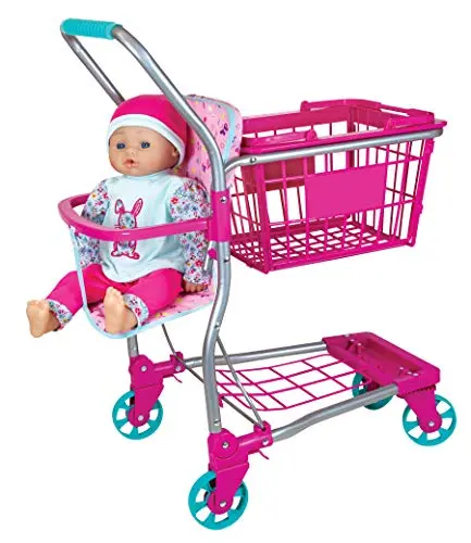 Lissi toy shopping cart with a plastic basket, metal frame, and a included baby doll sitting in the seat.