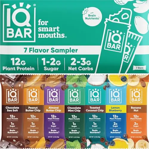 IQBAR Brain and Body Plant Protein Bars 7-bar sampler pack with various flavors.