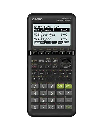 Casio fx-9750GIII Graphing Calculator in black showing a mathematical equation on its screen