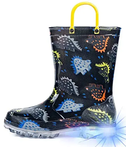 HugRain toddler boys black dinosaur light-up rain boots