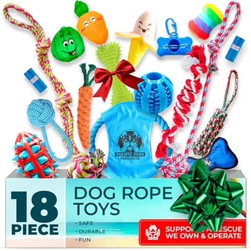 Assortment of 18 dog toys including plush, rope, and rubber chews