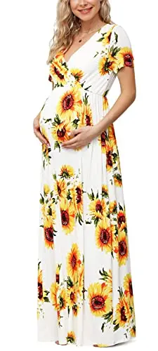 Xpenyo floral print wrap V-neck maternity maxi dress on a model