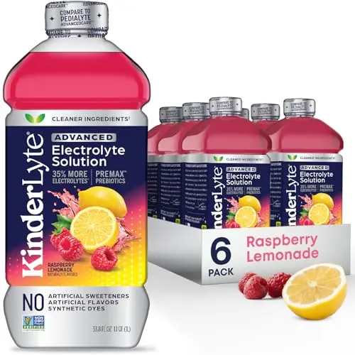 Kinderlyte Advanced electrolyte solution bottles for kids and adults in raspberry lemonade flavor, pack of 6