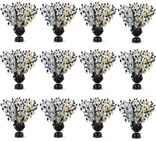 PMU 12-pack graduation table centerpieces with metallic grad caps and balloon weights in black, silver, and gold