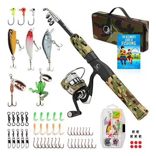 OYSTERN kids fishing pole with camouflage telescopic rod and large tackle bag