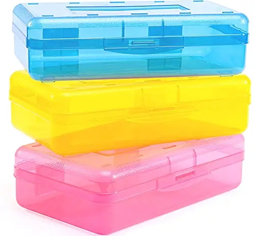 Sooez 3-pack of clear plastic pencil boxes in blue, yellow, and pink colors