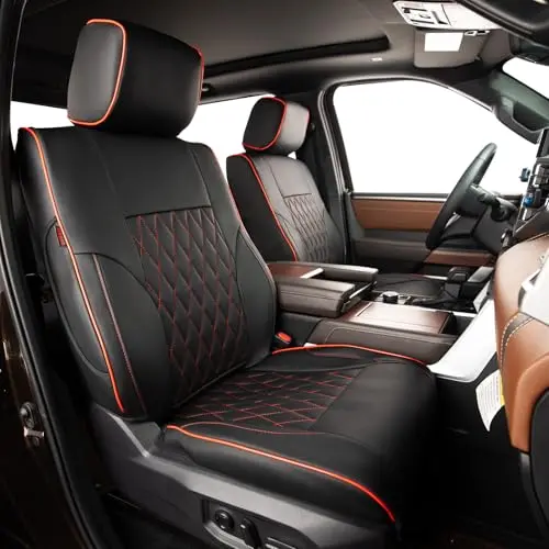 EKR Tundra seat covers in black with red piping, covering a CrewMax truck interior with a faux leather finish.