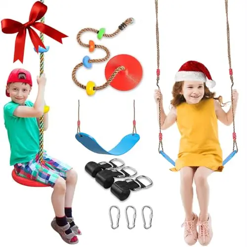 Red and blue swing seat and a disc swing with climbing platforms on ropes