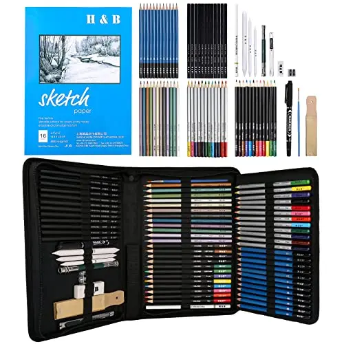 H&B 72 piece art pencils set including watercolor, metallic, charcoal, and sketching pencils in a case