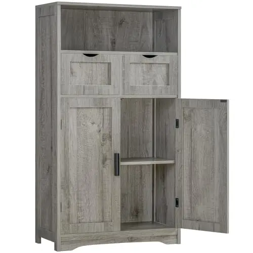 IWELL tall grey storage cabinet with four doors and two drawers