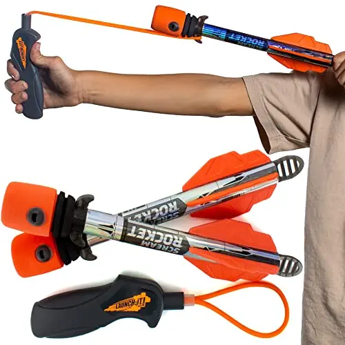 Refresh Sports toy rocket launcher with orange foam rockets in flight