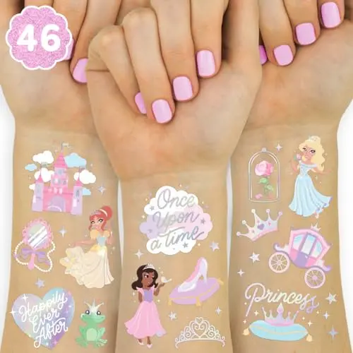 xo, Fetti princess party temporary tattoos with unicorn and castle designs