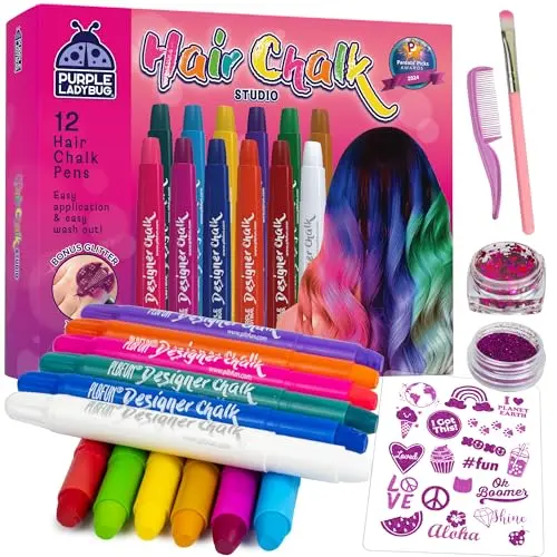 PURPLE LADYBUG 12-color hair chalk set with applicator wand, comb, and glitter accessories