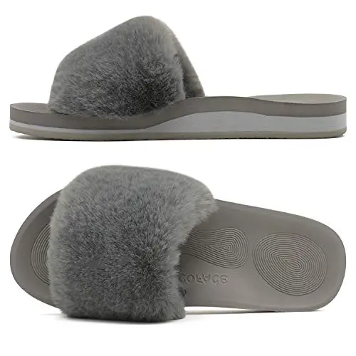 Coface women's open-toe slippers with fluffy rabbit hair upper and textured sole