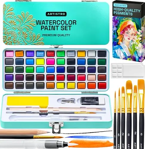 ARTISTRO 50 Color Watercolor Paint Set in a compact metal tin with brushes and accessories
