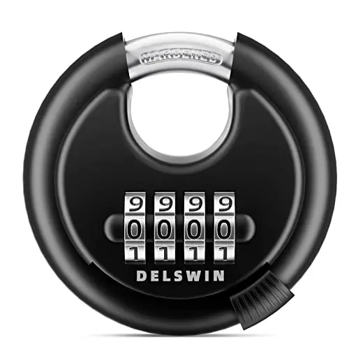 DELSWIN black combination disc padlock with a 4-digit dial.