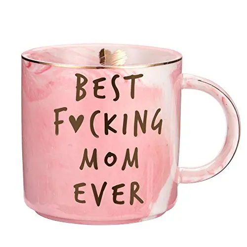 Hendson pink marble coffee mug with 'Best Mom Ever' text and a gold heart on the inner rim