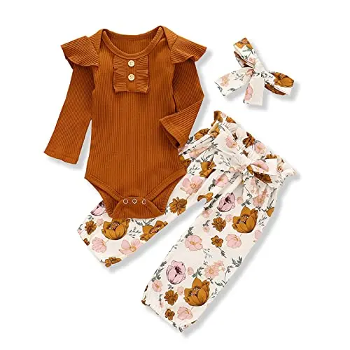 Kislio baby girl fall outfit set with ruffled romper and floral pants