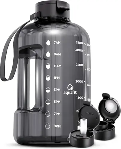 AQUAFIT 1 gallon gray water bottle with time markers and two separate lids