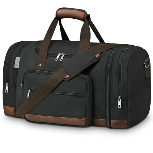 Black Wohlbege Expandable Duffel Bag with luggage strap on a suitcase