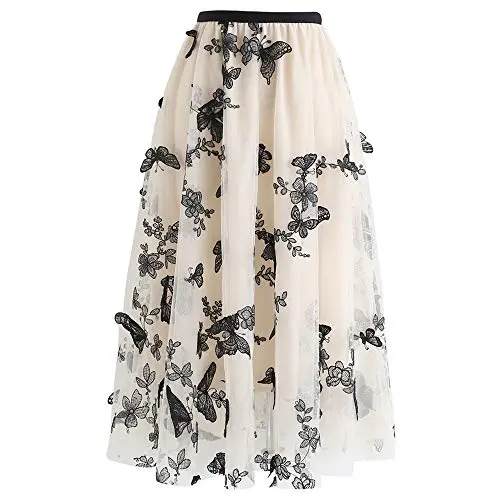 Chicwish women's cream-colored mesh midi skirt with 3D butterfly trim and elastic waist