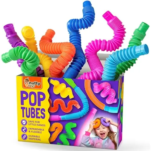 A colorful set of 8 large, flexible plastic pop tubes that make a satisfying crinkle sound when stretched.