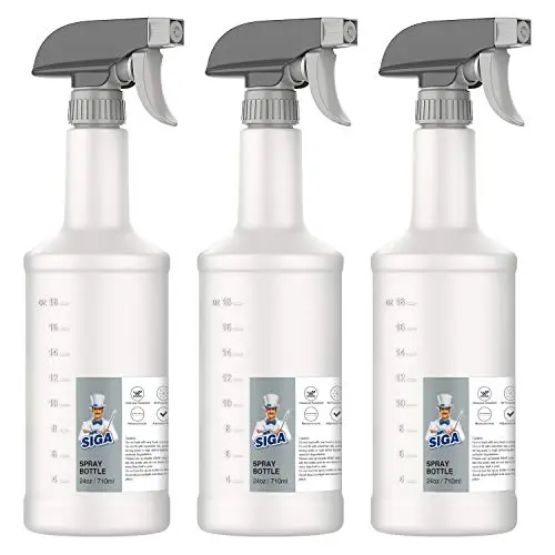 White and grey plastic spray bottles with ergonomic triggers and measurements