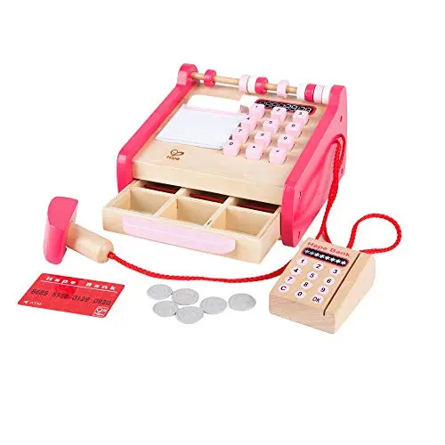 Hape wooden pretend play cash register with play money, coins, credit cards, and a scanner.