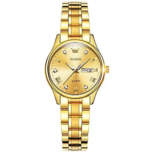 OLEVS gold women's watch with Roman numerals and diamond indices