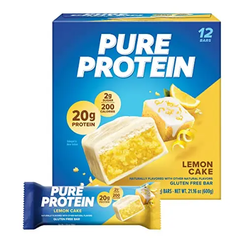 Pure Protein Bars Lemon Cake flavor, showing a wrapped bar with lemon drizzle.