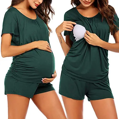 Ekouaer dark green 3-in-1 maternity pajama set with side-open nursing top and elastic shorts.