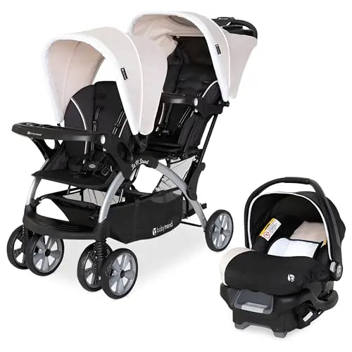 Baby Trend khaki-colored tandem double stroller with one infant car seat