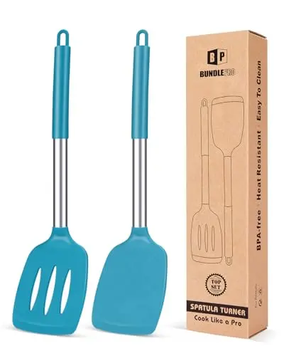 Bundlepro blue silicone spatulas with stainless steel handles on a counter