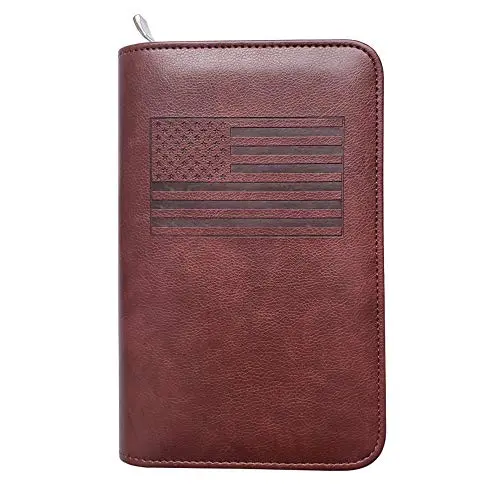 Brown leather-style passport holder with a removable power bank, cards, and a phone placed inside