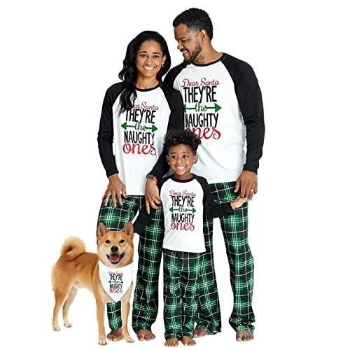 IFFEI matching family Christmas pajamas with letter print top and plaid pants with pockets