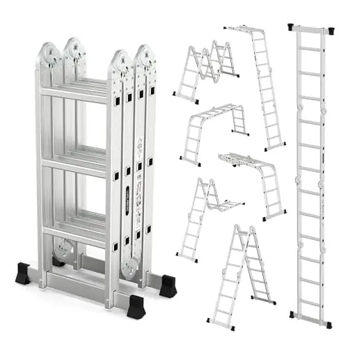 LUISLADDERS silver folding multi-position ladder shown in a compact, folded state for storage.