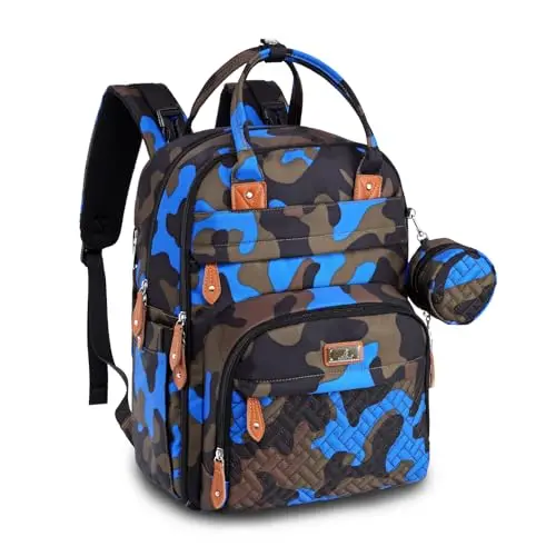 BabbleRoo blue camo diaper backpack with many pockets