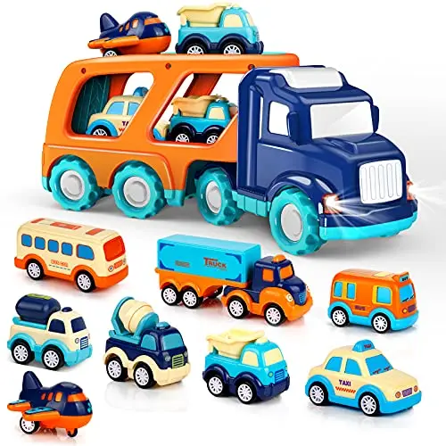 Large yellow transport truck carrier with eight small pull-back vehicle toys