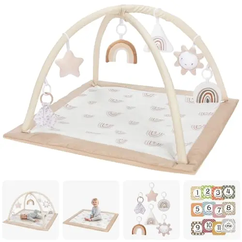 Simple, soft baby play gym with arch and six colorful hanging sensory toys