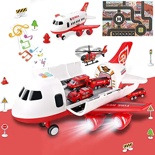 Large white carrier plane toy surrounded by small fire trucks, on a illustrated playmat