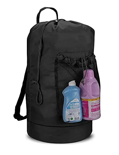 Dalykate black cylindrical laundry backpack with a front mesh pocket
