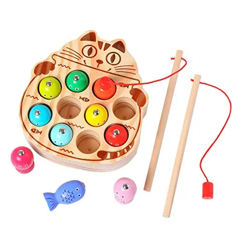 Kidus wooden magnetic fishing game with colorful fish and poles